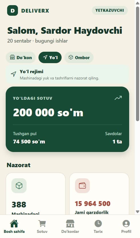 DeliverX haydovchi mobil ilovasining bosh sahifasi
